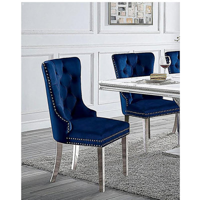 Modern blue plush 2-piece armchair, button tufted soft cushion dining chair, wing furniture set