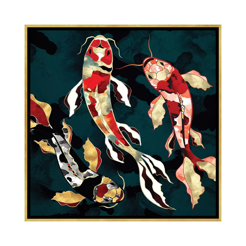 Metallic Koi - impression d'art graphique, 37" H x 37" W x 1.5" D, Gold Framed Canvas, Aucun mat