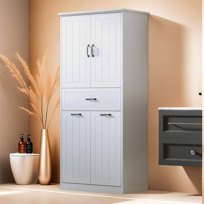 Armoire de rangement de salle de bain moderne avec deux paniers à linge, portes et tiroir pour l'organisation de la maison