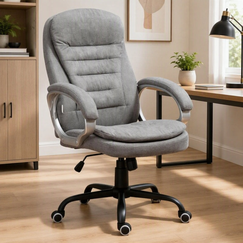 Fauteuil de bureau à dossier haut, réglable en hauteur et pivotant, gris, pour un confort et un soutien optimaux.