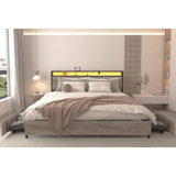 Bed Frame, Storage Headboard With Charging Station, Solid And Stable, Noise Free, No Box Spring Needed, Easy Assembly