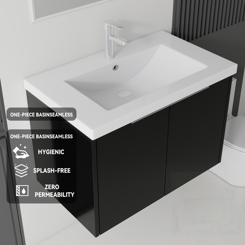 Meuble-lavabo flottant avec lavabo, porte à fermeture en douceur, lavabo en céramique, contreplaqué, Black, 35" W