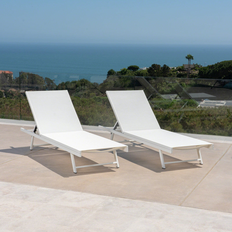 Ensemble de 2 chaises longues d'extérieur, dossier réglable à 5 positions, structure en acier blanc avec assise en textilence