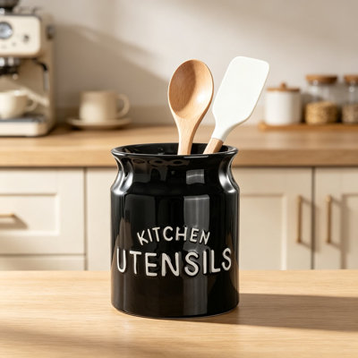 Ceramic Farmhouse Utensil Holder for Kitchen Countertop, Large Cooking Utensil Crock, Stable and Durable Kitchen Organizer, Rustic Home Decor