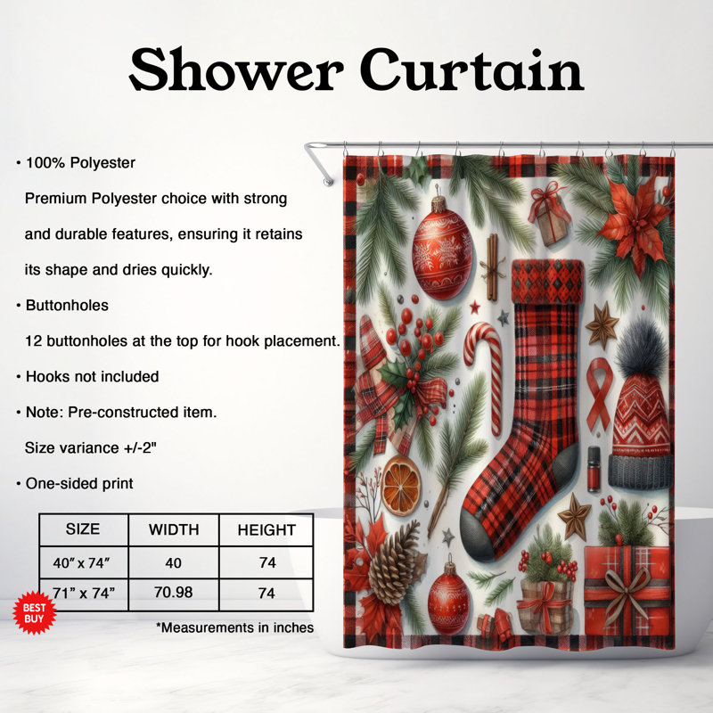 Rideau de douche 1 pièce Holiday Plaid, H 74 po x l 40 po