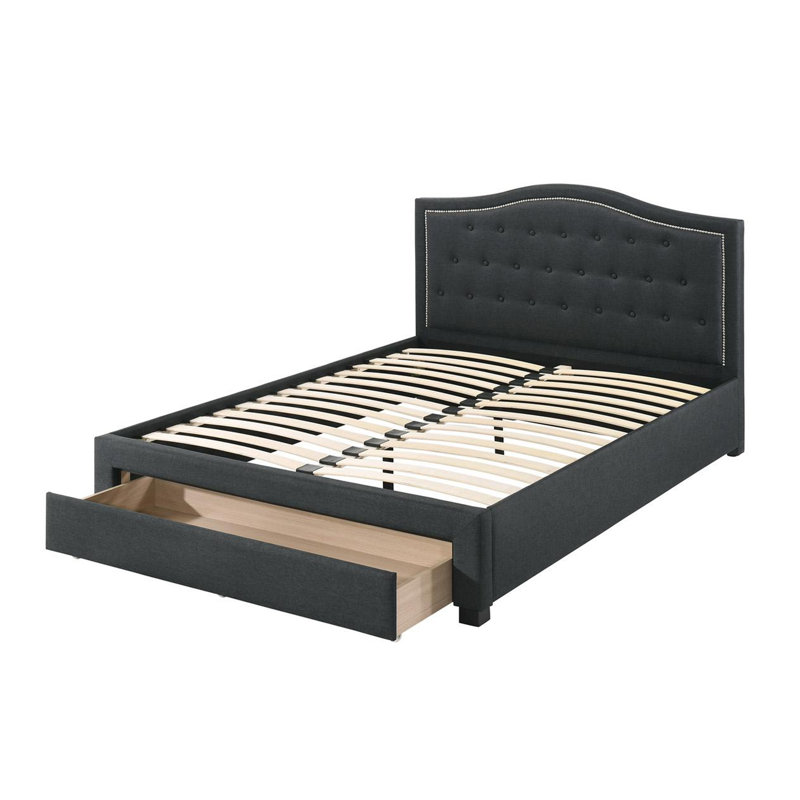 Sey Twin Size Bed W Storage Drawers, Dark Grey Upholstered Headboard, Queen