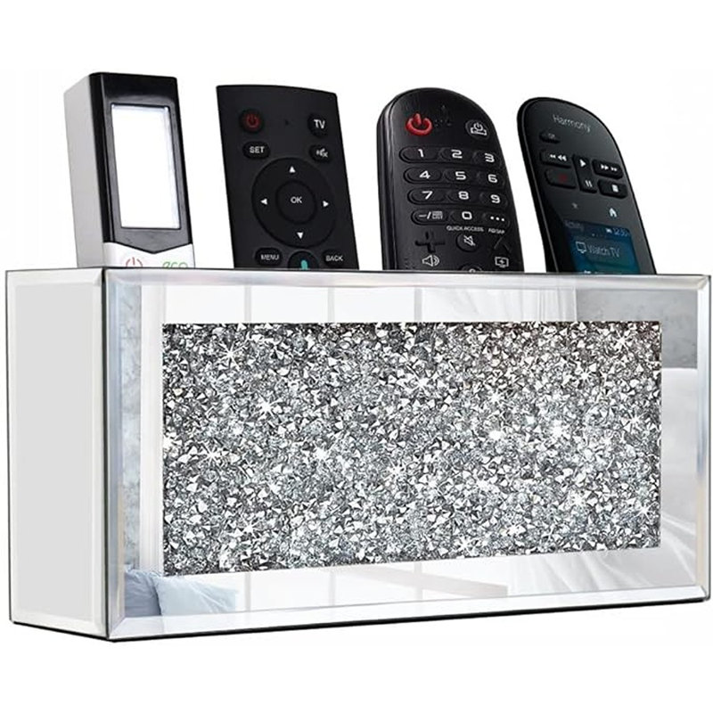 Mirrored Remote Holder, Wall Mounted Crush Diamond Bling Decoration Organizer Storage Box For Remote Phone Pad Wallet Notebook (8.3"×2.5"×4" For 3 Or 4 Remote Controls)