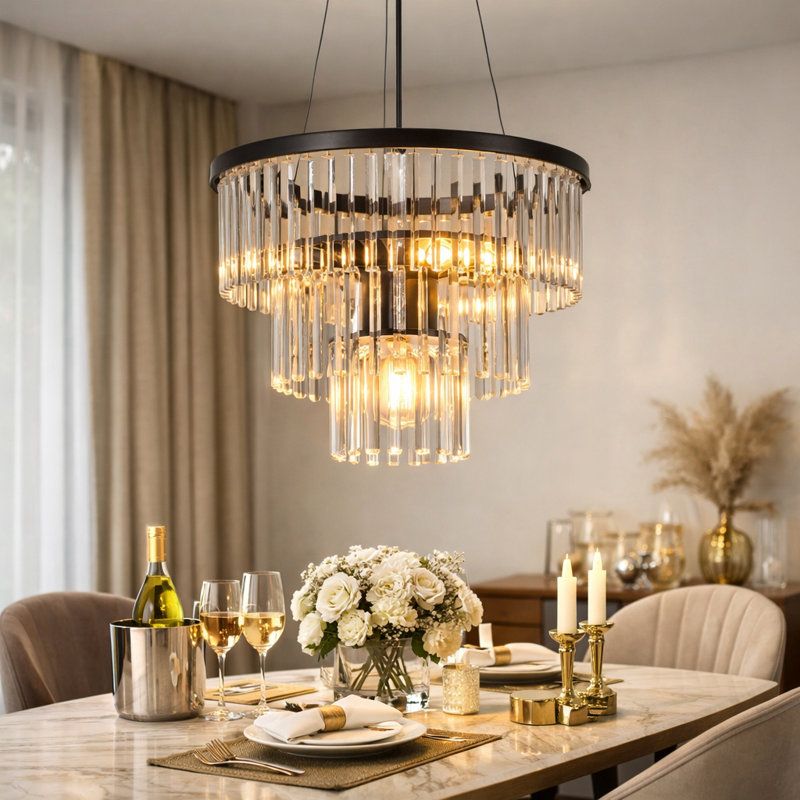 3 - Light E27 Chandelier with Crystal dining table - black modern hanging lamp
