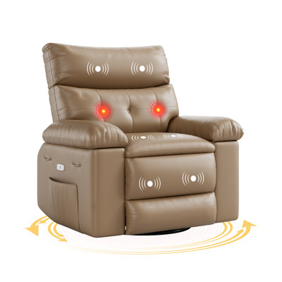 Fauteuil inclinable manuel surdimensionné en polyuréthane, canapé-lit pivotant à 30 ° pivotant à 30 ° avec massage par vibration à 8 points et chaleur lombaire, accoudoirs rembourrés pour le salon, kaki
