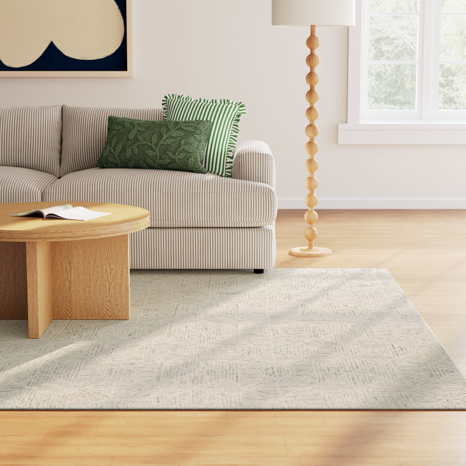Linsly Ivory Light Blue Hand-Tufted Wool Rug, Rectangle 4' x 6'