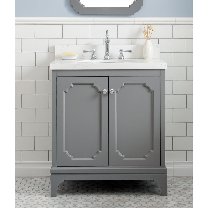 Queen 30" Sink Carrara Quartz Countertop Bath Vanity with Faucet, Pure White, Hook