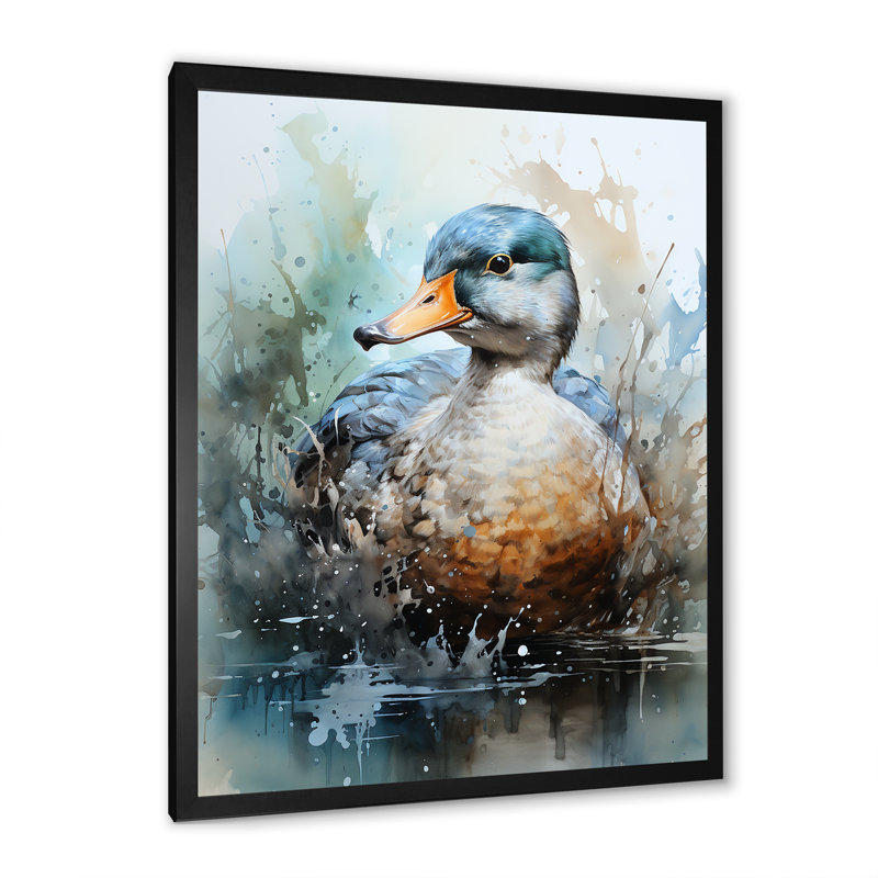 Canard bleu au bord du lac, H 20 po x l 12 po x P 1 po, Cadre simple noir