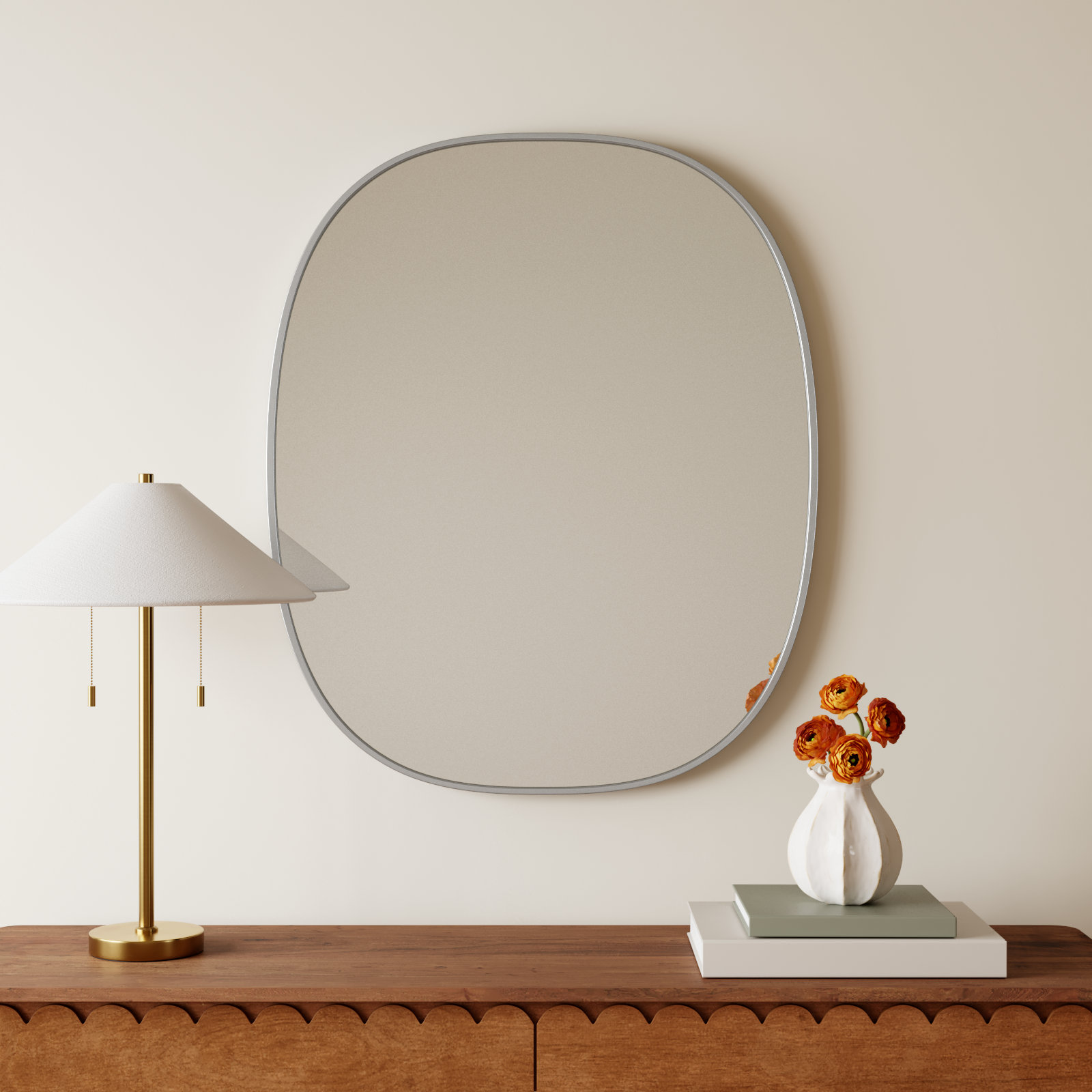 Sabine Metal Curved Oval Wall Mirror, Silver, 36" x 30"