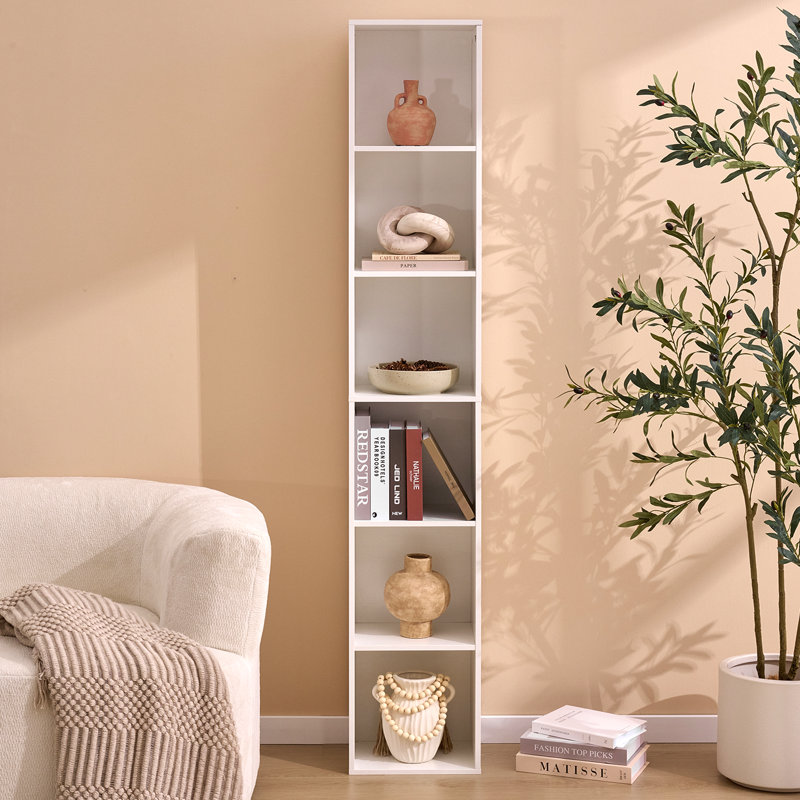 Narrow Cube Storage Cabinet, 6-Cube Wood Bookcase, Freely Stackable & Modular Shelving Unit For Living Room, Bedroom, Home Office, TV Stand Or Display, White