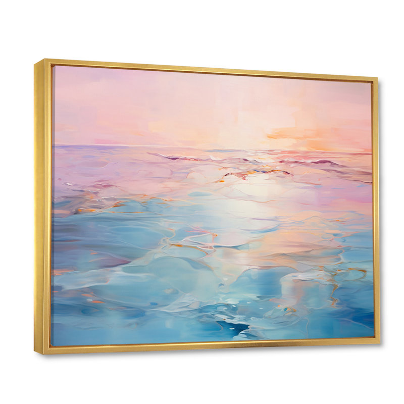 Rose et bleu pastel coucher de soleil - vagues côtières, art mural, H 34 po x l 44 po x P 1,5 po, Cadre flottant doré
