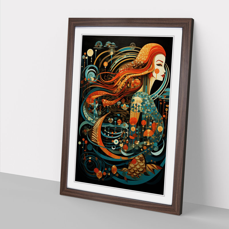 XYZ-FRM-V1223-4490 Mermaid Constructivism - Single Picture Frame Print on Wood, 64cm H x 46cm W x 2cm D, Walnut 