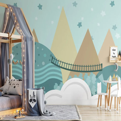 Papier peint pont de montagne et nuage pour enfants - Pastel Sky Stars Landscape