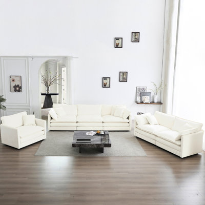 3 Piece For Living Area - Extra Deep Seat Sectional, White Chenille, Solid Wood Construction, High Upholstery, Comfortable Rest Sectional Room, , Chenille With Cushions & Support
