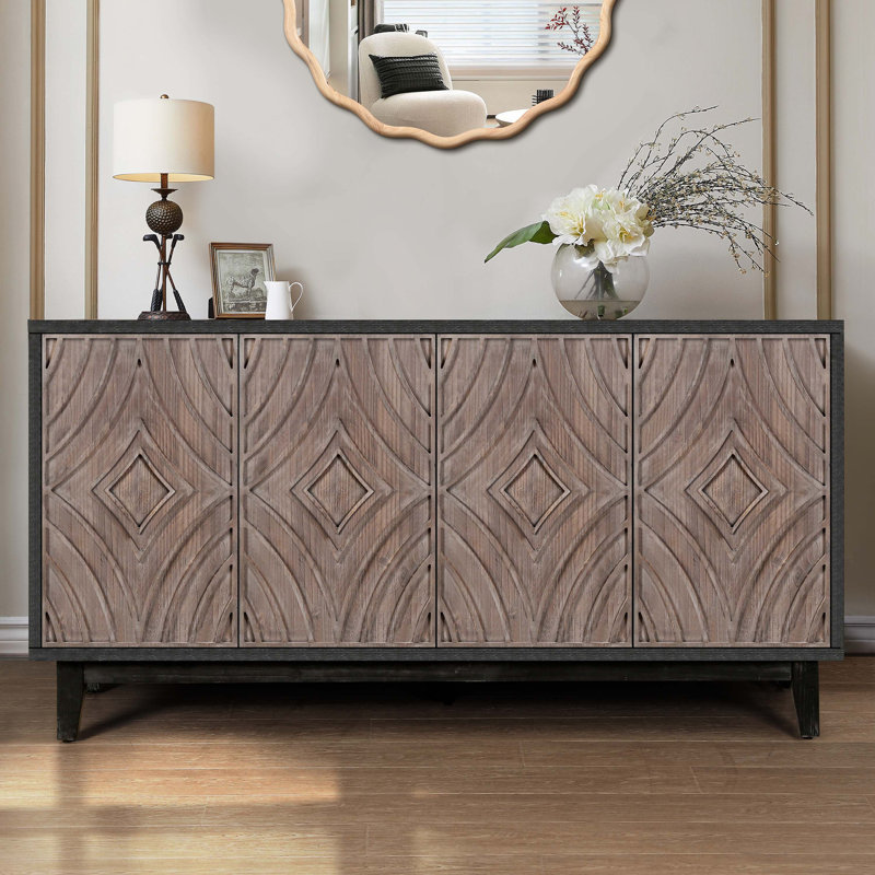 Console en bois avec pieds en bois massif, 2 tablettes, Noir / brun