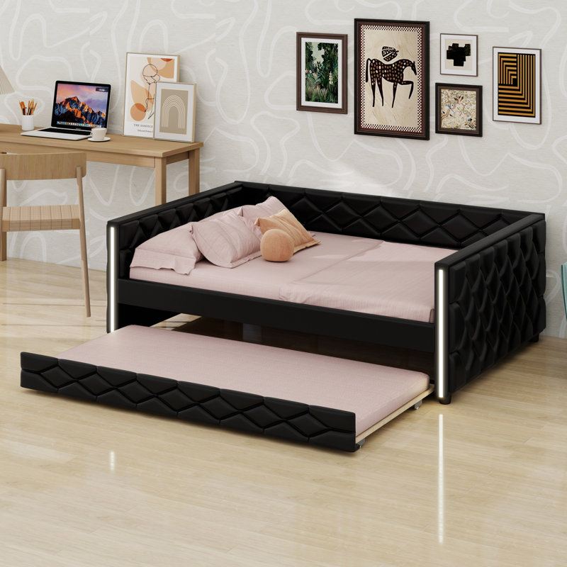Upholstered Daybed with Trundle and  LED, Perfect for Guest Rooms, Black