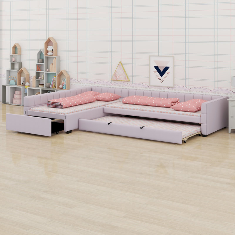 L-Shaped Upholstered Daybed with Trundle Bed & Storage Drawer, Pink
