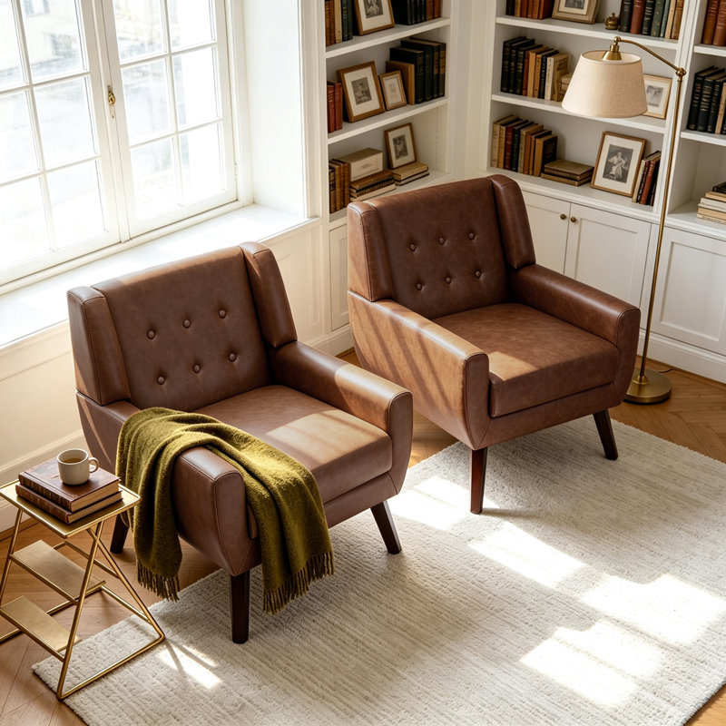 Jaqueze Upholstered Coffee Faux Leather Tufted Square Arm Accent chair, Coffee Faux Leather