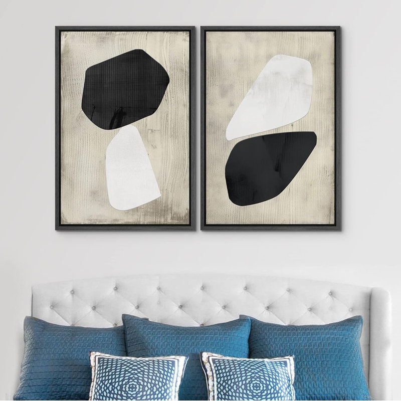Ensemble de 2 reproductions sur toile encadrées de motifs abstraits Mid-Century, Noir, H 24 po x l 16 po