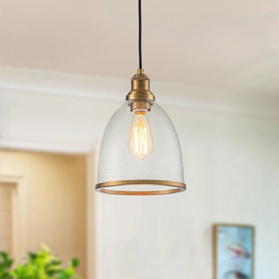 Modern Vintage Brass 1-Light Seeded Clear Glass Dome Pendant Light 