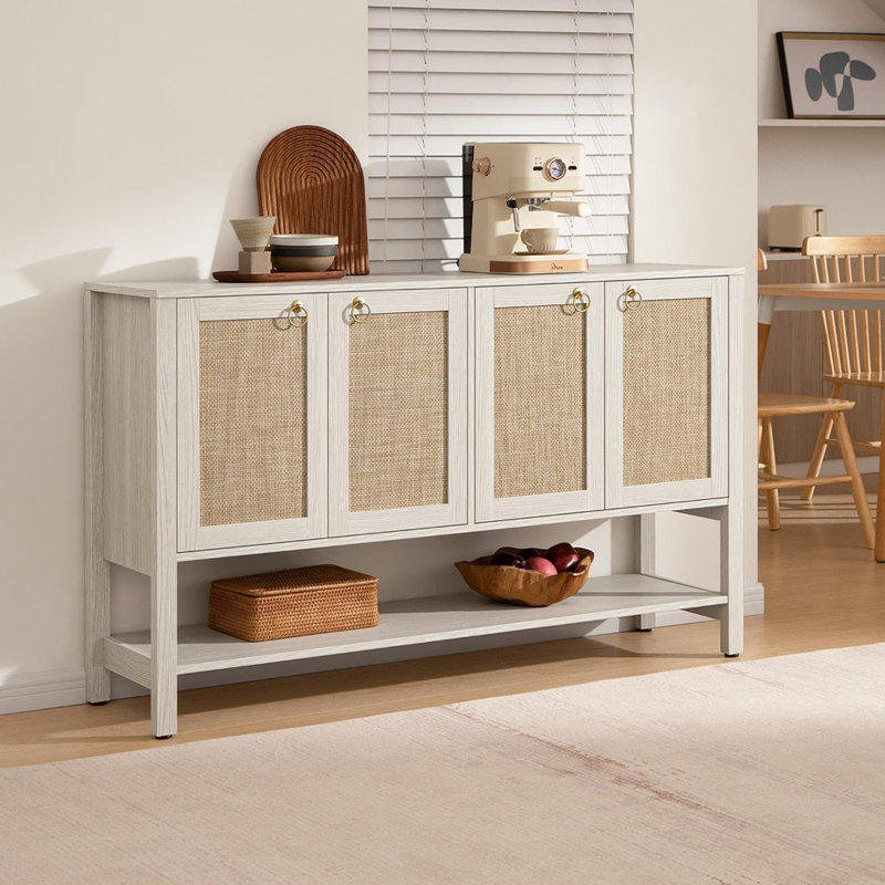 Buffet en rotin avec rangement ouvert, 4 portes et tablettes réglables, crédence Boho