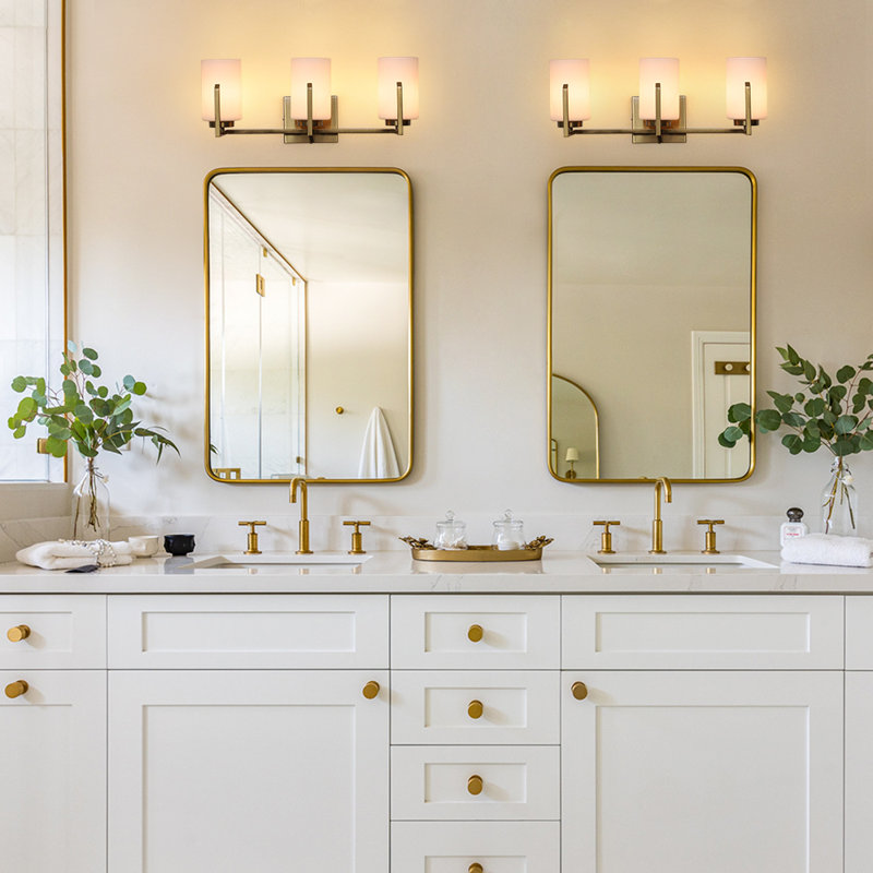 3 - Light Cylinder Glass Classic Opal Bathroom Wall Light, Brushed Brass