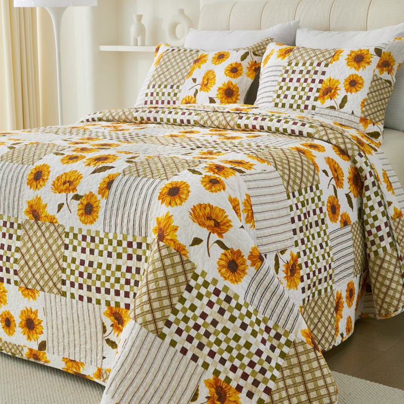 Ensemble de courtepointe réversible 100% coton jaune / vert, Courtepointe pour lit simple + 1 taie décorative
