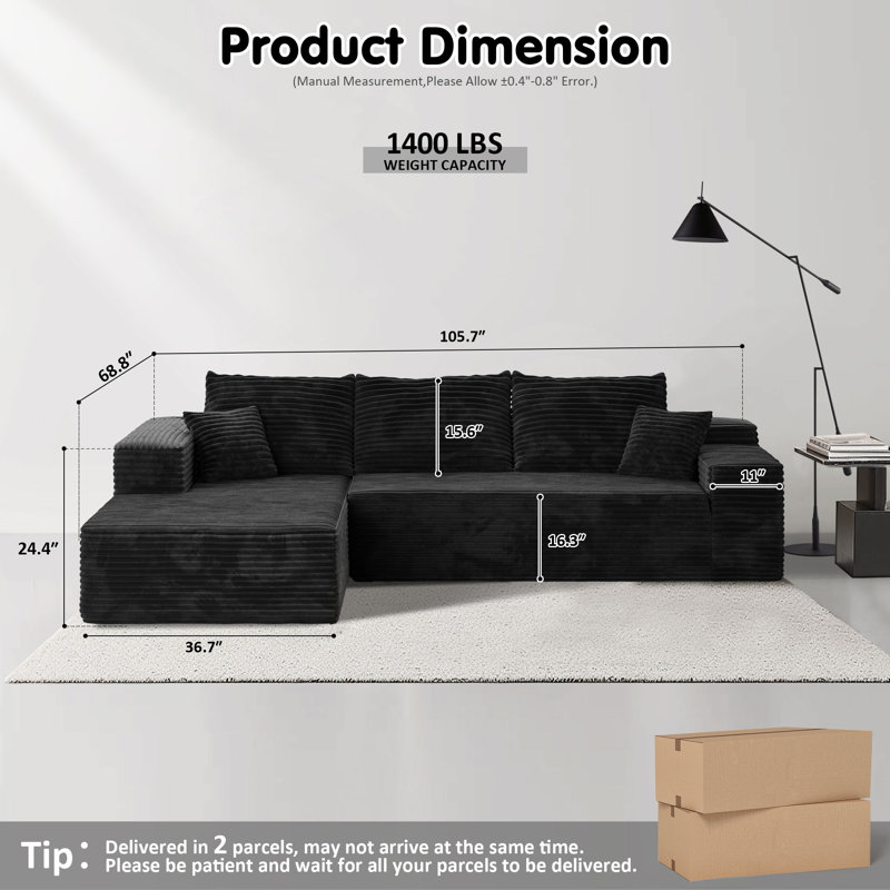 Nathasa 2 - Piece No Assembly Required Compression Sectional, Free Combination Upholstery Boneless Sofa with L-Shape Chaise, Deep Seat Modular Couch for Living Room Bedroom