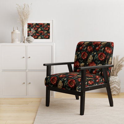 Fauteuil d'appoint rembourré Cottage rouge foncé et beige à motif floral Blooms IV