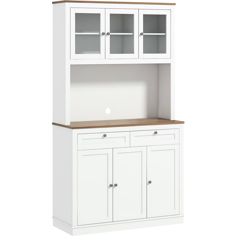 Grande cuisine 71 po avec 5 portes, 2 tiroirs, tablettes réglables, support pour micro-ondes, blanc pour le salon, garde-manger