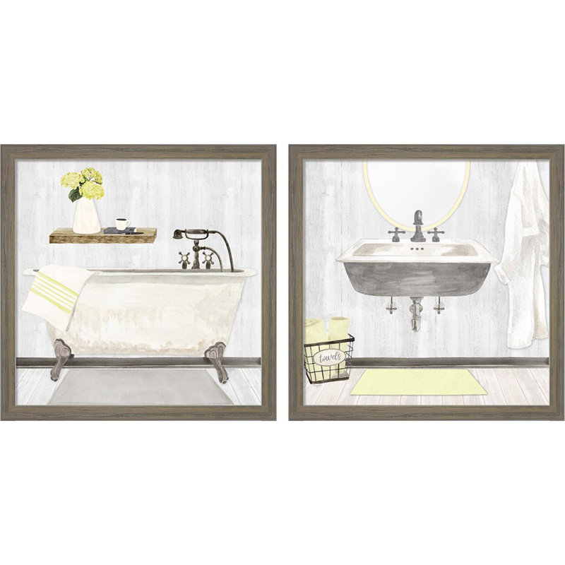 «Farmhouse Bath Gray & Yellow» par Tara Reed, art encadré (ensemble de 2)
