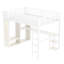 Grand lit mezzanine à grain de bois blanc avec bureau, garde-robe et rangement, espace pour armoire de chambre encastrée en métal, optimisation de l'espace de bureau dans la chambre compacte