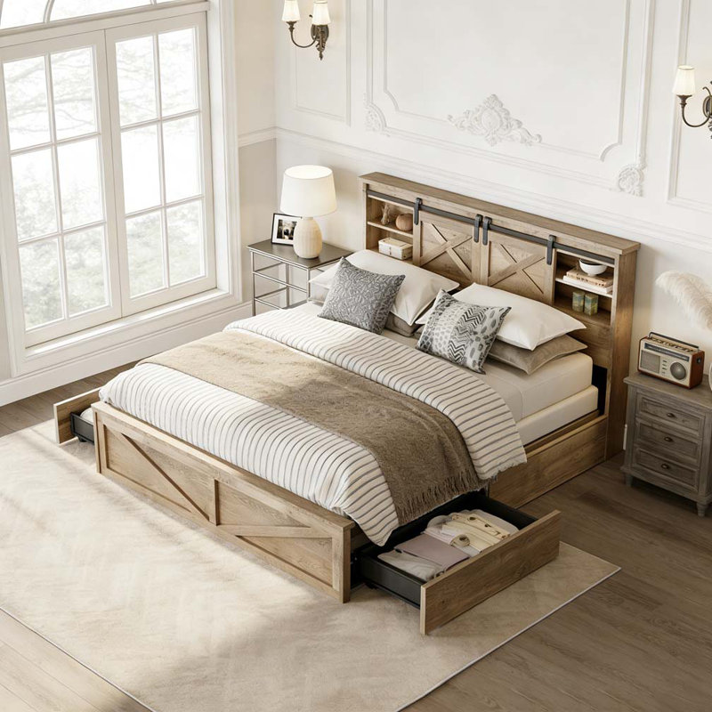 Farmhouse Bed Frame Queen Size with LED Lights and Charging Station, Wooden Bed with 2 Storage Drawers, Rustic Headboard with Sliding Barn Door Storage Cabinets 