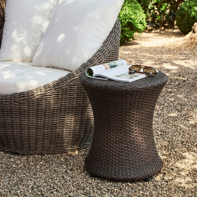 Lambrecht 19.75" W 19.75" D Round Weather Resistant Wicker Side Table, Brown