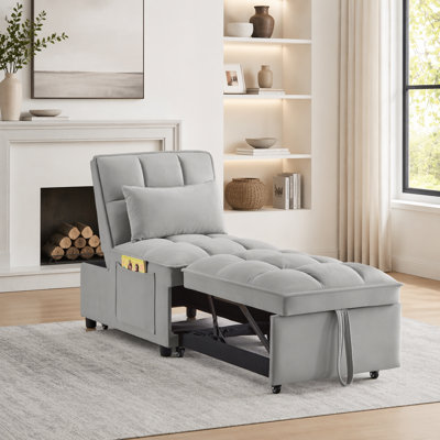 Canapé-lit simple multifonctionnel 4-en-1 avec poches de rangement, conception escamotable capitonnée, dossier réglable et coussins moelleux, gris