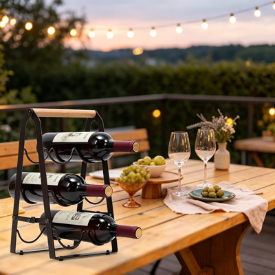 Foldable Metal Wine Rack with Wooden Handle, 3-Tier Stackable Countertop Wine Holder for Kitchen Bar Cabinet Pantry, No Assembly Required, Black