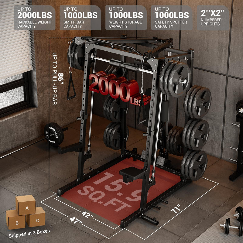 2000LB Multi-Function Smith Machine Home Gym with Cable Crossover & LAT Pulldown