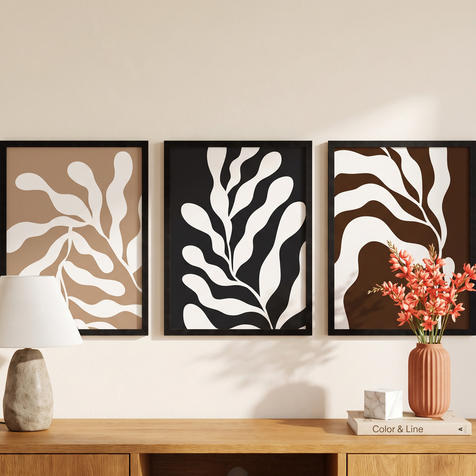 Erminia "Retro Matisse Botanical" 3-Piece Set, 62" W x 25" H, Black
