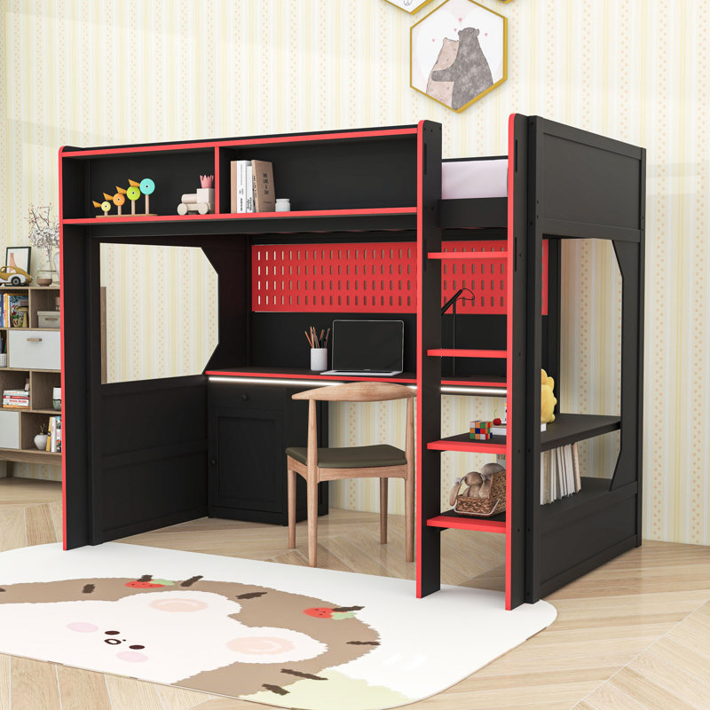 Modern Loft Bed with Built-in Desk, Pegboard Organizer, LED Lighting and Storage Shelves, Twin, Black/Red