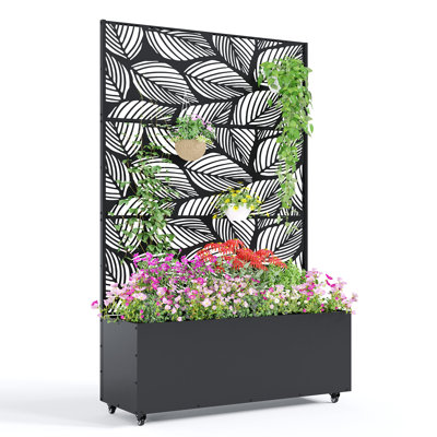 Boîte à fleurs mobile en métal surélevée avec treillis de jardin avec treillis - 15,7 po de profondeur pour plantes grimpantes et légumes - Paravent d'intimité, trous de drainage, extérieur - 118 x 40 x 180 cm, conception en feuille de bouleau, avec roues