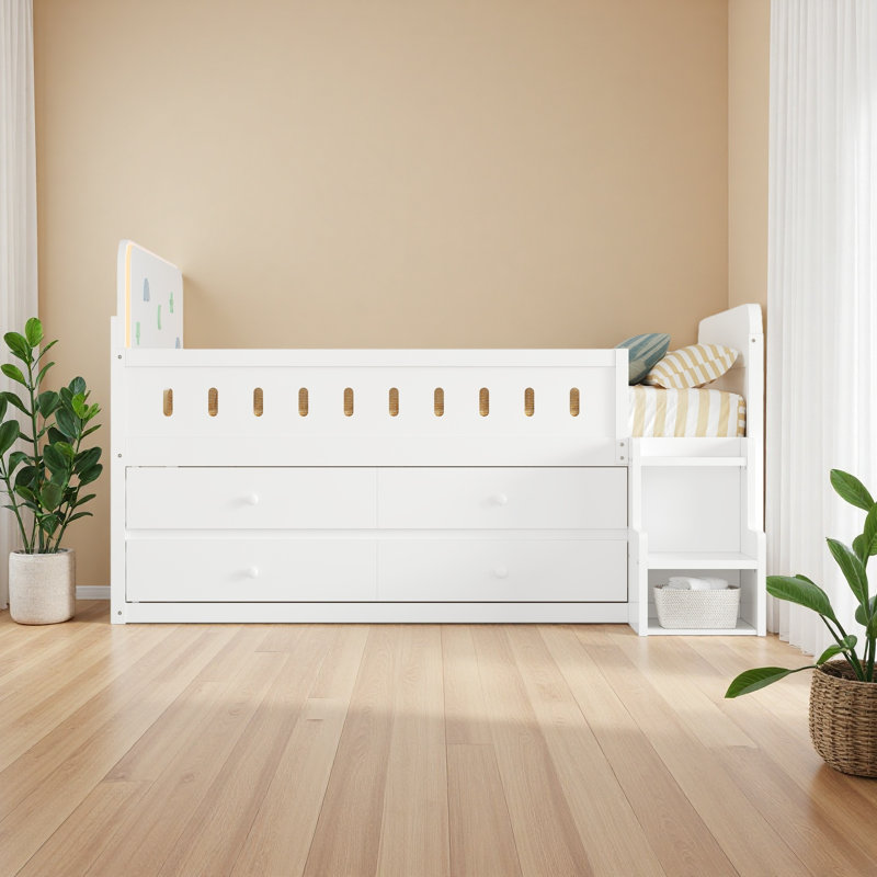 Lit double en bois avec lumière DEL, tiroirs de rangement, Blanc