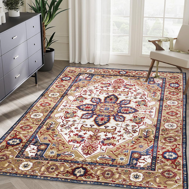 Vintage Area Rug 5X7, Machine Washable, Non-Slip, Blue/Gold Floral For Dining Room, Bedroom 5X7 Rug, Design, Non-Slip Living Family Room