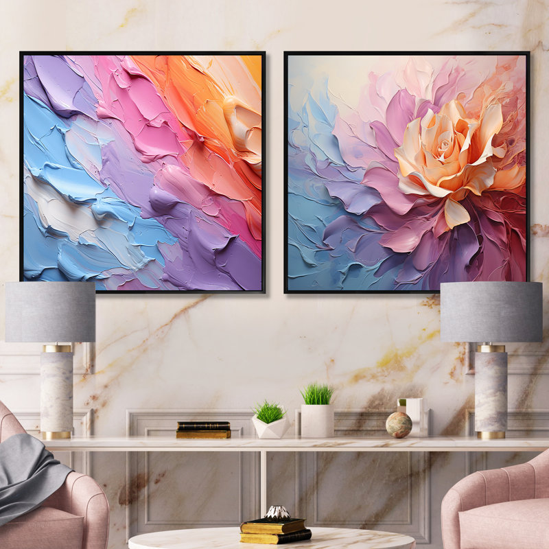 Rainbow Hue Harmony - ensemble de 2 collages abstraits carrés, Cadre flottant noir, H 16 po x l 33 po