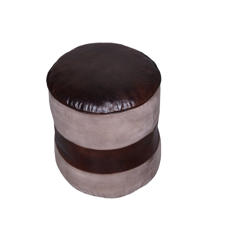 Tristan Whiskey Brown Leather Round Pouf Ottoman – Modern Accent Footstool 