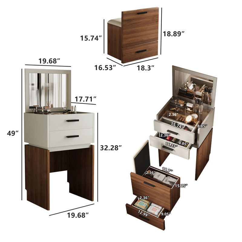 Soraide Small Dressing Table With Mirror, Three-in-one Dressing Table With 3 Drawers.