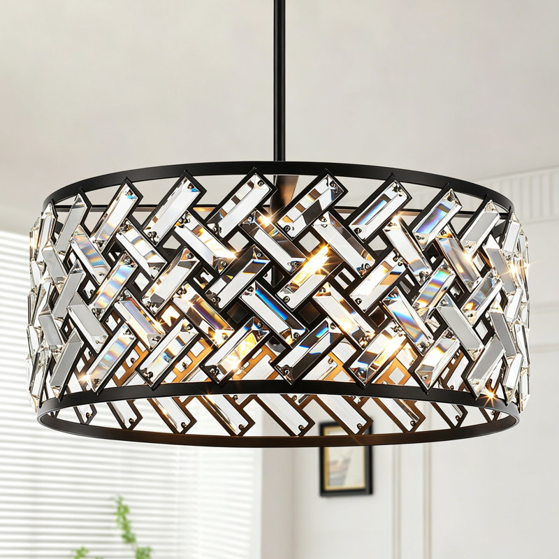 5 - Light Modern Dimmable Black Drum Crystal Chandelier,  Adjustable Height Pendant Light Fixture For Kitchen Island Dining Room Entryway